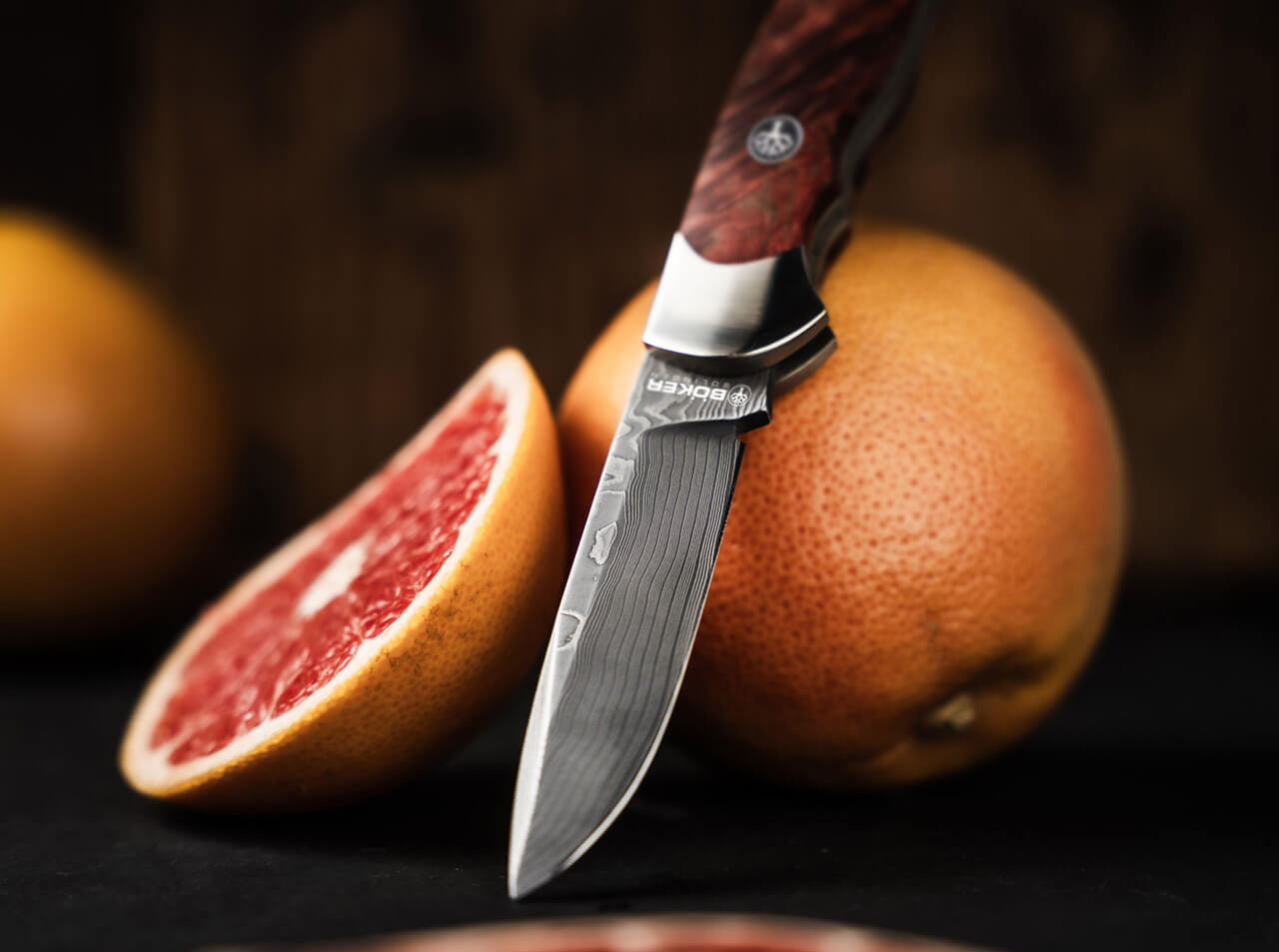 Böker Optima Maserbirke Bloody Orange Damast